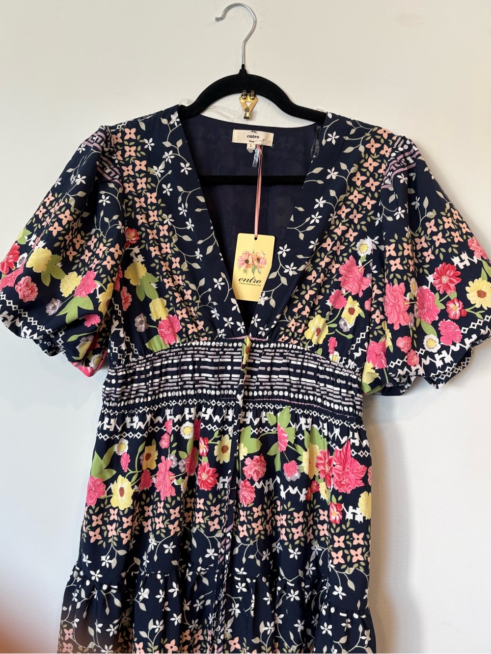 NEW Entro Navy Floral Midi Dress with Pink & Lime Accents large nwt - Picture 6 of 14